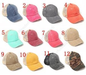 Casquette de baseball queue de cheval 12 styles Cross Back Washed Distressed Ponycaps Messy Buns Trucker Mesh Party Hats 500pcs DAW453