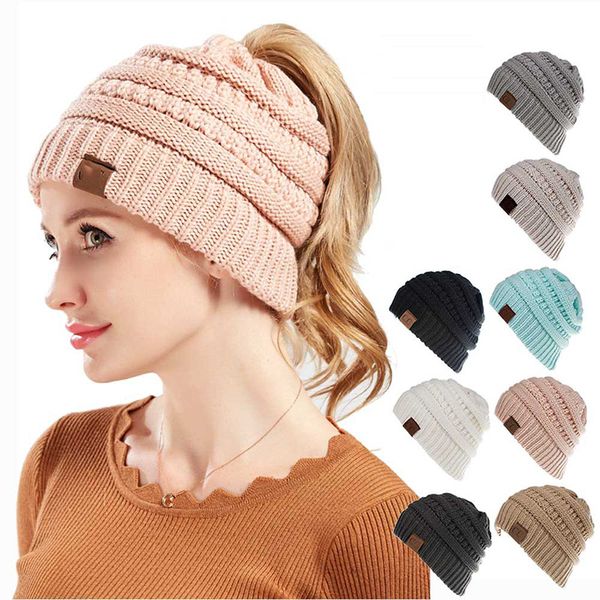 Bonnet queue de cheval pour femme, bonnet chaud d'hiver, doux et extensible, tricot par câble, chignon haut, couleur unie, blanc, noir, rose, gris