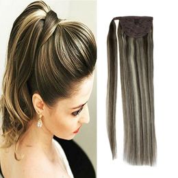 Paardenstaartklem in haarextensies, 20 inch Ombre Twee Tone Lange Rechte Clip In / op Hair Extension Menselijk Haar Trekkoord Paardenstaart Grijs / Zwart