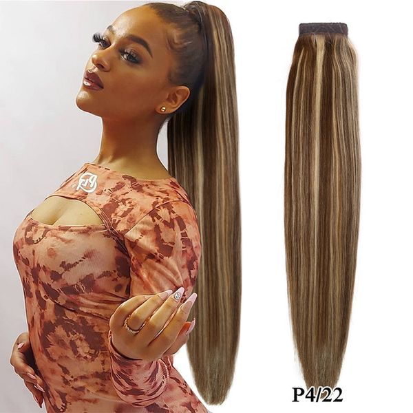 Queue de cheval Extension de cheveux humains Wrap Around Highlight Blond Ponytails Clip In Extensions Véritable Balayage brésilien Droite Queue de cheval postiche p4/22 12 pouces Diva1