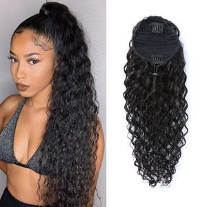 Paardenstaart Human Hair Extensions Wraps Clip in Drawstring Pony Tail Water Wave Curly Braziliaanse remy paardenstaarten voor vrouwen remy 1 stuk 140G 4colors