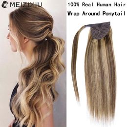 Cola de caballo en extensiones de cabello humano Rubia 100% real Cabello real Ponytail en cabello para mujeres Magic Wrap alrededor de 22 pulgadas 240507