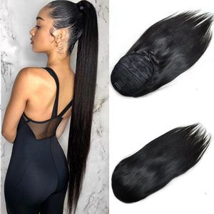 Slik rechte clip in paardenstaart remy Human Hair Natural Black Color Drawring Ponytails For Women 100G