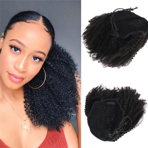 Cola de caballo Afro Kinky Curly Cordón Cola de caballo para mujeres negras Cabello humano indio crudo 4C Clip rizado rizado en extensiones de cola de caballo 100 g