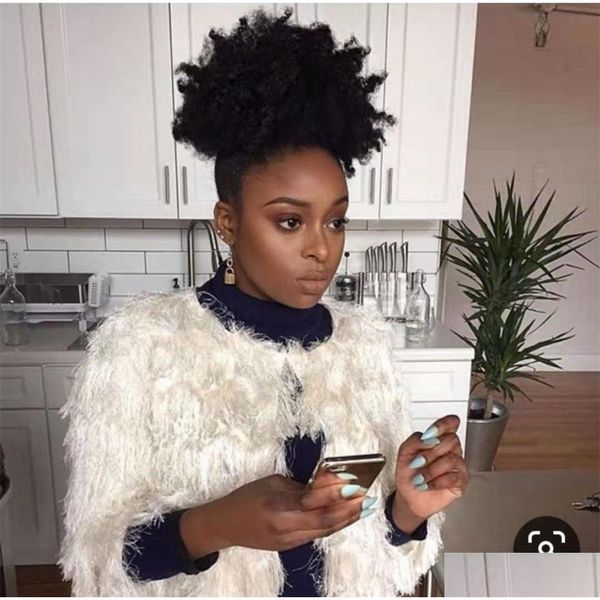 Ponytails Afro Kinky Curly Weave Black Hair Ponytail Puff Clip natural en Dstring Humano para mujeres 120G Productos de entrega de gota Extensio DH2A6