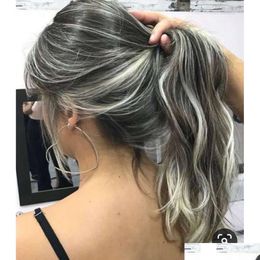 Cola de caballo diva larga gris ondulado cabello humano cola de pony dtring dtring grey women extensión de cola de pony sala y pimienta reflejos naturales otqbk