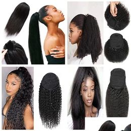 Queue de cheval Dstring Human Hair Ponytail 10a Natural Natural Black Afro Kinky Curly Extension pour les femmes 100% Virgin Brazilian Clip in Drop Deved Otwgn