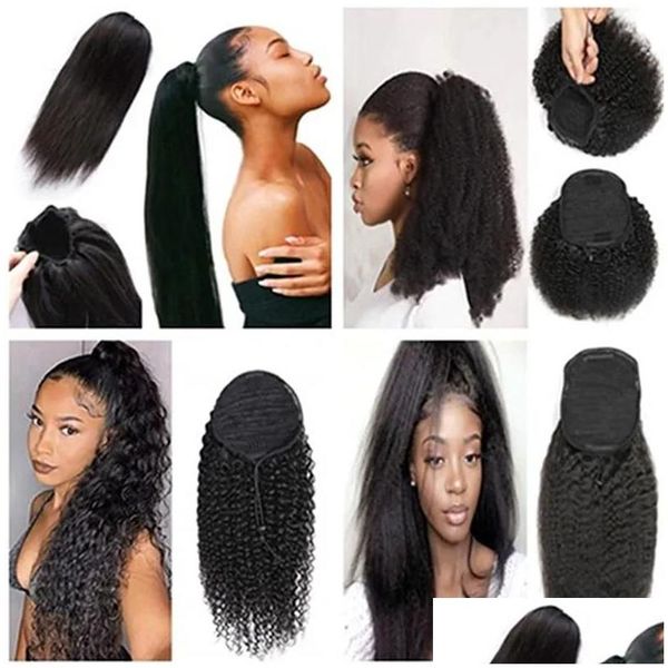 Ponytails Dstring Human Hair Ponytail 10A Naturel Noir Afro Kinky Curly Extension pour femmes 100% Virgin Brésilien Clip en goutte Delive Oth6R