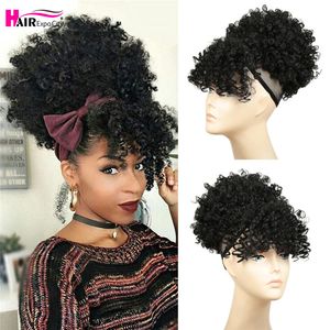 Ponytails Short Kinky Curly Chignon con flequillo Pelo sintético Cordón Cola de caballo Afro Puff Piezas de cabello Para mujeres Clip Extensión del cabello 230613