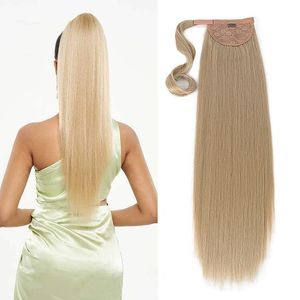 Extensions de cheveux ponytial cheveux synthétiques 28 pouces de long droit ondulé brun blond Clip enveloppant autour de l'extension de queue de cheval pour les femmes