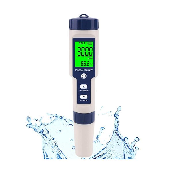 Pool Salt Tester, Digital Salinity Metter, haute précision 5 in 1 Tester de salinité pour l'eau salée, kit d'essai imperméable IP67