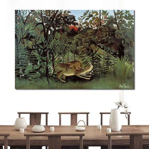 Pop canvas kunst landschap de hongerige leeuw gooit zichzelf op de antilope Henri Rousseau schilderij handgemaakte moderne woonkamer decor