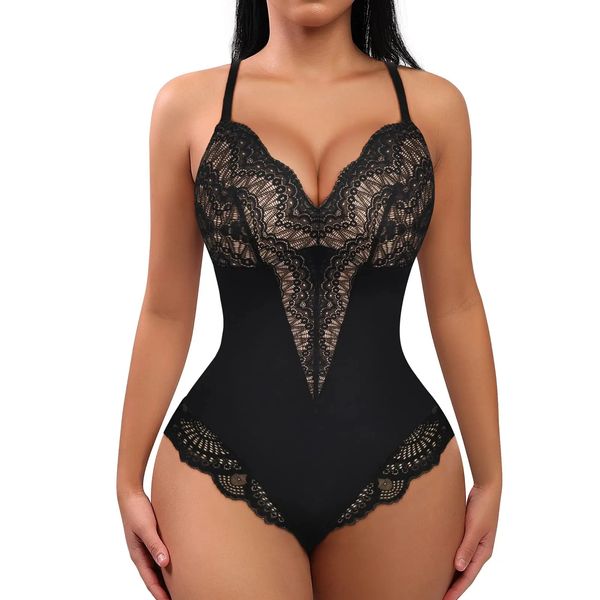 Pop dentelle Body pour femmes ventre contrôle Shapewear col en V dos nu débardeurs corps Shaper Fajas tongs Sexy forme du corps 240103