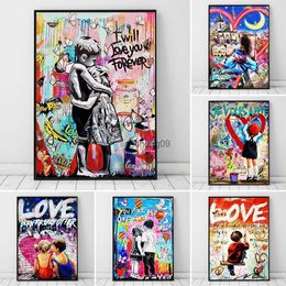 Póster de arte de pared Pop Street Graffiti Girl in Love, Mural abstracto, decoración del hogar, cuadro impreso en lienzo, decoración para sala de estar