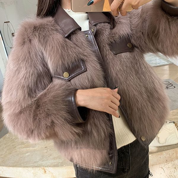 Pop Winter Warm Faux Fur Coats Mujer Nice Pu Leather Patchwork Chaqueta recortada Mujer Motocycle Style Turn Down Collar Chaquetas T220716