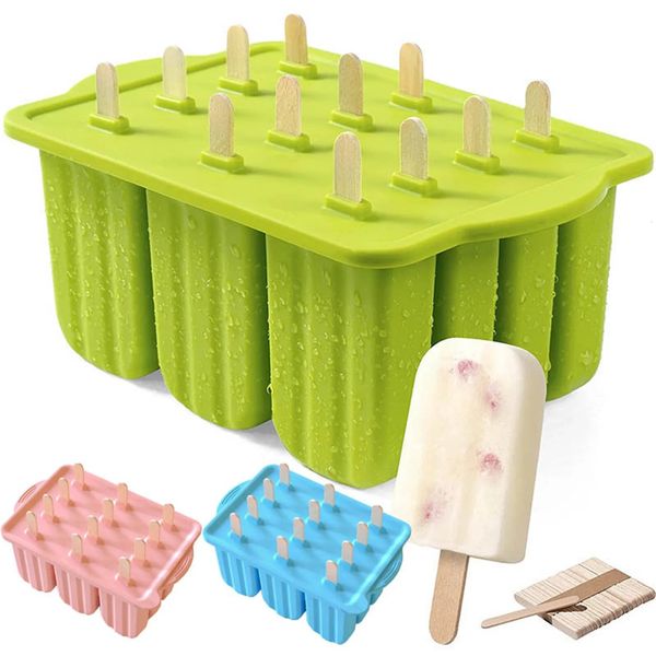 Moldes de paletas de paletas 12 piezas de silicona fabricante de paletas mohos de grado de alimentos moldes de hielo con helado: 50 palitos de paleta 240415