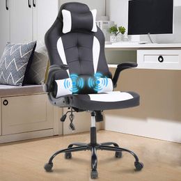 POPTOP Chaise de jeu de massage Chaise de jeu vidéo Chaise de bureau ergonomique avec support lombaire vibrant, appuie-tête, accoudoir rabattable,