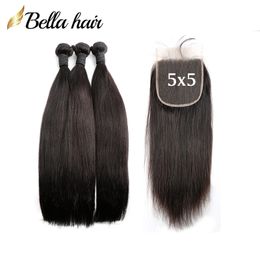 Cheveux raides 3 faisceaux avec fermeture 5X5 Péruvien Brésilien Naturel Noir Vierge Tisse Extensions Bella Cheveux