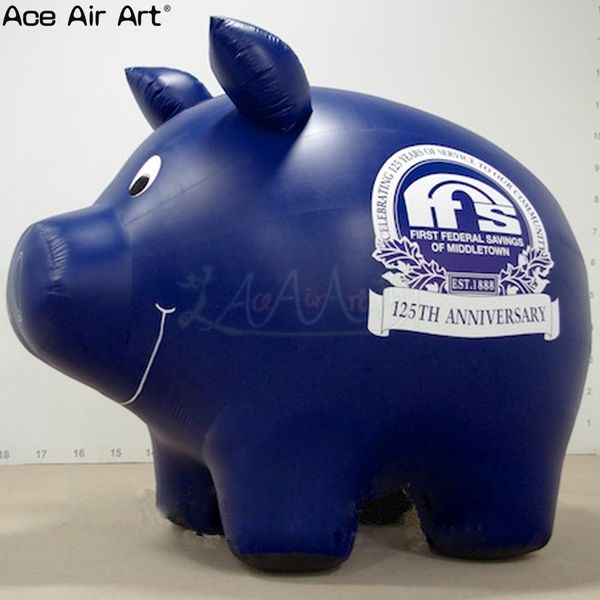 Azul grande 2,5 m L modelo de cerdo de dibujos animados inflable sonriente puede agregar logotipo con cola de cerdo para exhibición o decoración de eventos