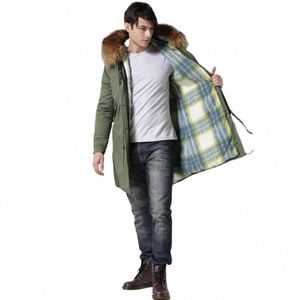 Populaire Armée Vert Shell Avec Bleu Et Blanc Grille Fourrure Parka Hommes Chauds Veste Et Manteau Pardessus Lg Style k7uh #