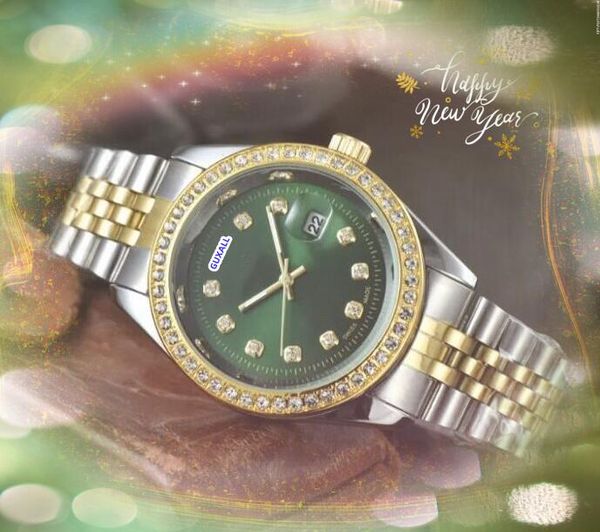 Date automatique populaire hommes femmes unisexes montres luxueuses en acier inoxydable Mouvement horloge heure heure calendrier diamants anneau dot dot business wristswatch cadeaux