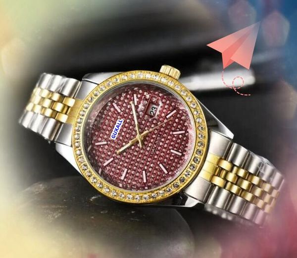 Date automatique populaire hommes femmes unisexes montres luxueuses en acier inoxydable Mouvement horloge horaire heure du calendrier diamants anneau trois stiches Design Wristwatch cadeau