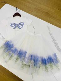 Vêtements de bébé populaires décoration Bow Princess Dress Kids Tracksuits Taille 90-150 cm Flower Print Girls T-shirt et Lace Long Long Jupe 24MA