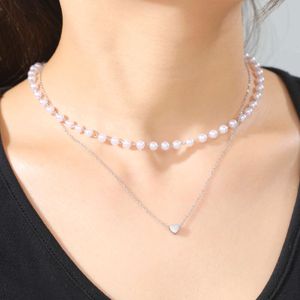 Populaire kralenketen Imitatie Pearl choker kettingen vrouwen roestvrij staal hartstokjuwelen sieraden op de nek hanger