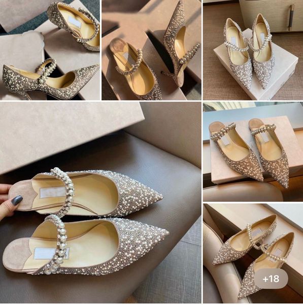 Marque populaire Baily Dress Party Chaussures Pearl Strass Strappy Pumps Suede Leather Women's Bing High Heels Evening Bridal Sexy Pointed Toe Lady Walking EU35-42
