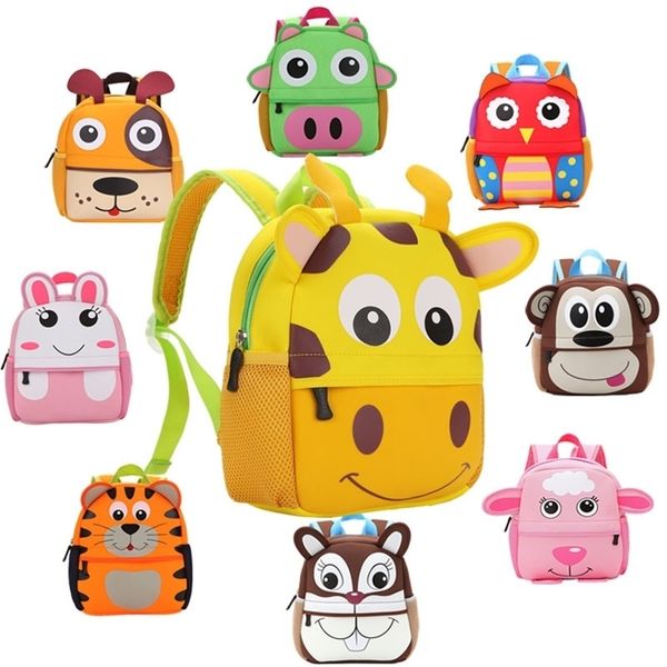 Enfants populaires 3D mignon animal design sac à dos sacs d'école en néoprène unisexe maternelle enfants sac de dessin animé girafe singe tigre LJ201225