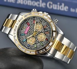 Populaire coloré diamants bague ciel cadran étoilé montres hommes quartz batterie chronographe complet chronomètre fonctionnel ensemble Auger Lumious président automatique jour date montre