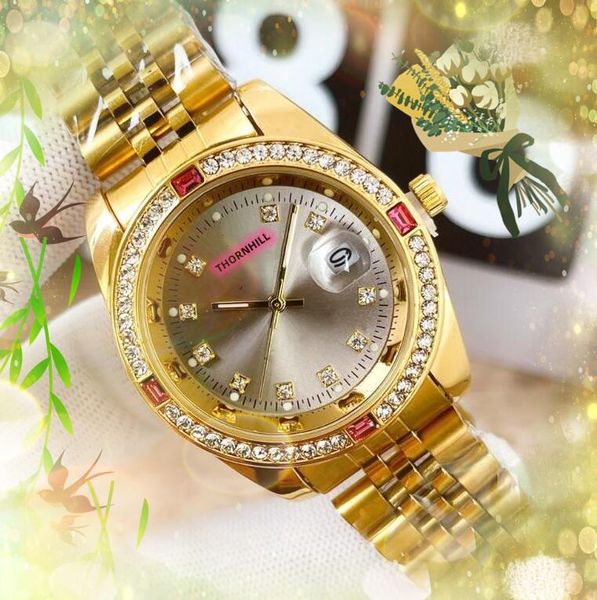 Couple populaire femme homme montres diamants colorés bague boîtier horloge tout fin bracelet en acier inoxydable affaires décontracté luxe dame montre à quartz montre de luxe cadeaux