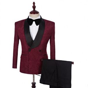 Populaire Double-Breasted Bordeaux Paisley Bruidegom Tuxedos Shawl Revers Bruidsjonkers Heren Pakken Bruiloft Prom Diner Blazer Jasje Broek T250v