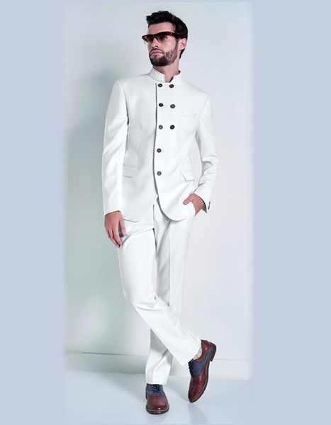 Popular padrinos de boda de doble botonadura mandarín solapa novio esmoquin padrinos de boda mejor traje de hombre trajes de boda para hombre novio (chaqueta + pantalones + corbata) B520