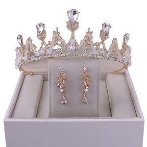 Populaire elegante bruidsaccessoires set parel kristal handgemaakte bruids kroon oorbellen sieraden set voor vrouwen 2413