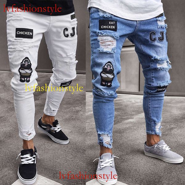 Polainas desgastadas ajustadas de hip-hop para hombres populares europeos y americanos Insignia de Amazon WISH Micro Jeans elásticos Nuevo modelo blue jeans