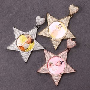 Populaire mode -sieraden Nieuwe Big Five Pointed Star Photo Memories Hartvormige hanger Full Zirkon Hip Hop Solid Necklace