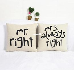 Taie d'oreiller en coton et lin, taie d'oreiller en mélange de coton et de lin, populaire et drôle, Mr Right Mrs Always Right, housse de coussin pour lit et canapé, accessoires pour la maison, 7014201