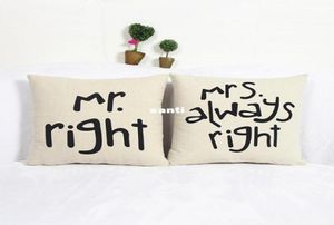 Funly Funny Mr Right Mrs al Ways Impresión correcta Mezcla de algodón Caja de almohada Camino de sofá Cojín de accesorios para el hogar1835684