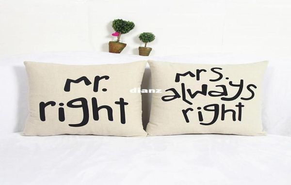 Funda de almohada Popular y divertida con estampado de Mr Right Mrs Always Right, mezcla de algodón y lino, funda de cojín para sofá o cama, accesorios para el hogar 8738707