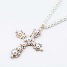 Populair meisje nieuw 24/30 inch witte parel kralen ketting met parel cross hiphop hanger voor jongens echt goud vergulde glanzende cz stenen hiphop diamant rapper sieraden geschenken