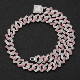 Popular Gzw Jewelry Necklace Hombres 14mm Diamond Cuban Link Chain Bracelet Set Pink Full Hip Hop18K Chapado en oro Bling Miami Curb Bijoux Collares Estética