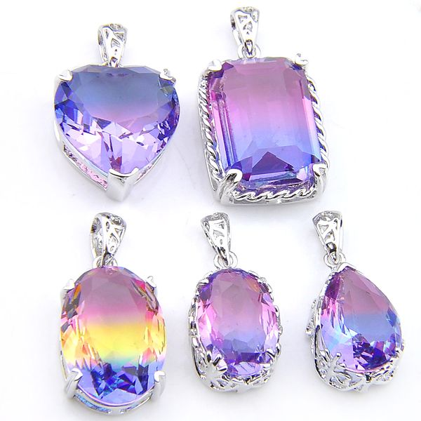 PopularJewelry Luckyshine Mixte 5 Pcs/Lot Feu Bi Coloré Tourmaline Cristal Pierre Précieuse 925 Argent Avec Chaîne Colliers Pendentif Bijoux Cadeau