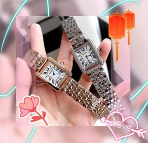 Populaire Lady Bracelet Montre En Acier Inoxydable Bande De Cuir Femmes Horloge Carré Réservoir Romain Série Deux Broches Cadran Mouvement À Quartz Montre-Bracelet Cadeaux De Noël