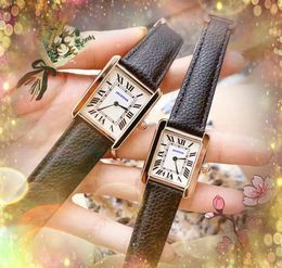 Populaire liefhebbers romeinse tank twee pinnen ontwerp horloge rosé goud zilver kast mannen vrouwen ultra dunne klok echte koe zwart bruin lederen band vierkant gezicht quartz horloges geschenken