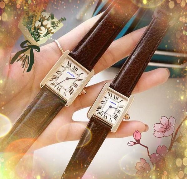 Amoureux populaires réservoir romain deux broches conception montre Gentalmen couple de luxe hommes femmes ultra mince horloge véritable vache noir marron bracelet en cuir visage carré montres à quartz