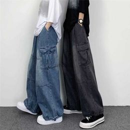 Men populares pantalones de mezclilla fondos jeans holgados de carga sólido ajuste relajado pantalones de mezclilla de mezclilla streetwear hkd230812