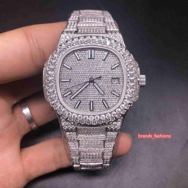 Relojes populares con diamantes helados para hombre Reloj con bisel de diamante grande Cara de diamante plateado Correa de diamante completa Pulsera mecánica automática 2939