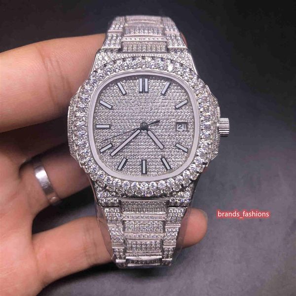 Diamantes helados para hombres populares relojes Big Diamond Bisel Watch Silver Diamond Face Full Diamond Strap Mechanical Mu￱eco mec￡nico2520