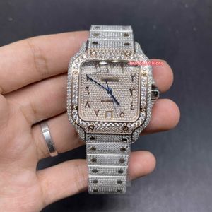 Montre à diamant glacé pour hommes, 2 tons, boîtier en or Rose, chiffres arabes, automatique, diamants partout